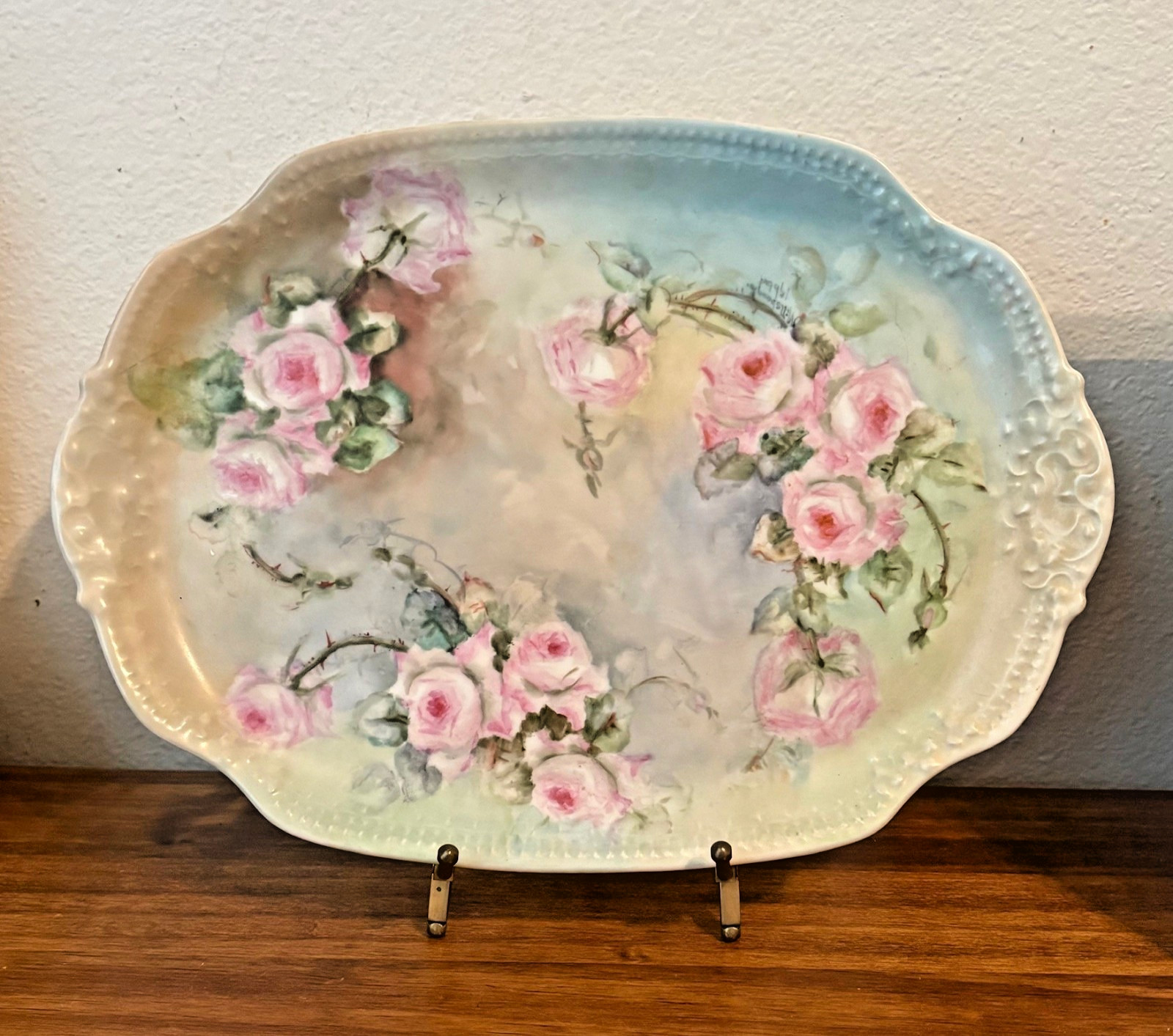Antique T&V Tressemanes & Vogt Limoges Porcelain Vanity Tray Plate, Roses - 12\