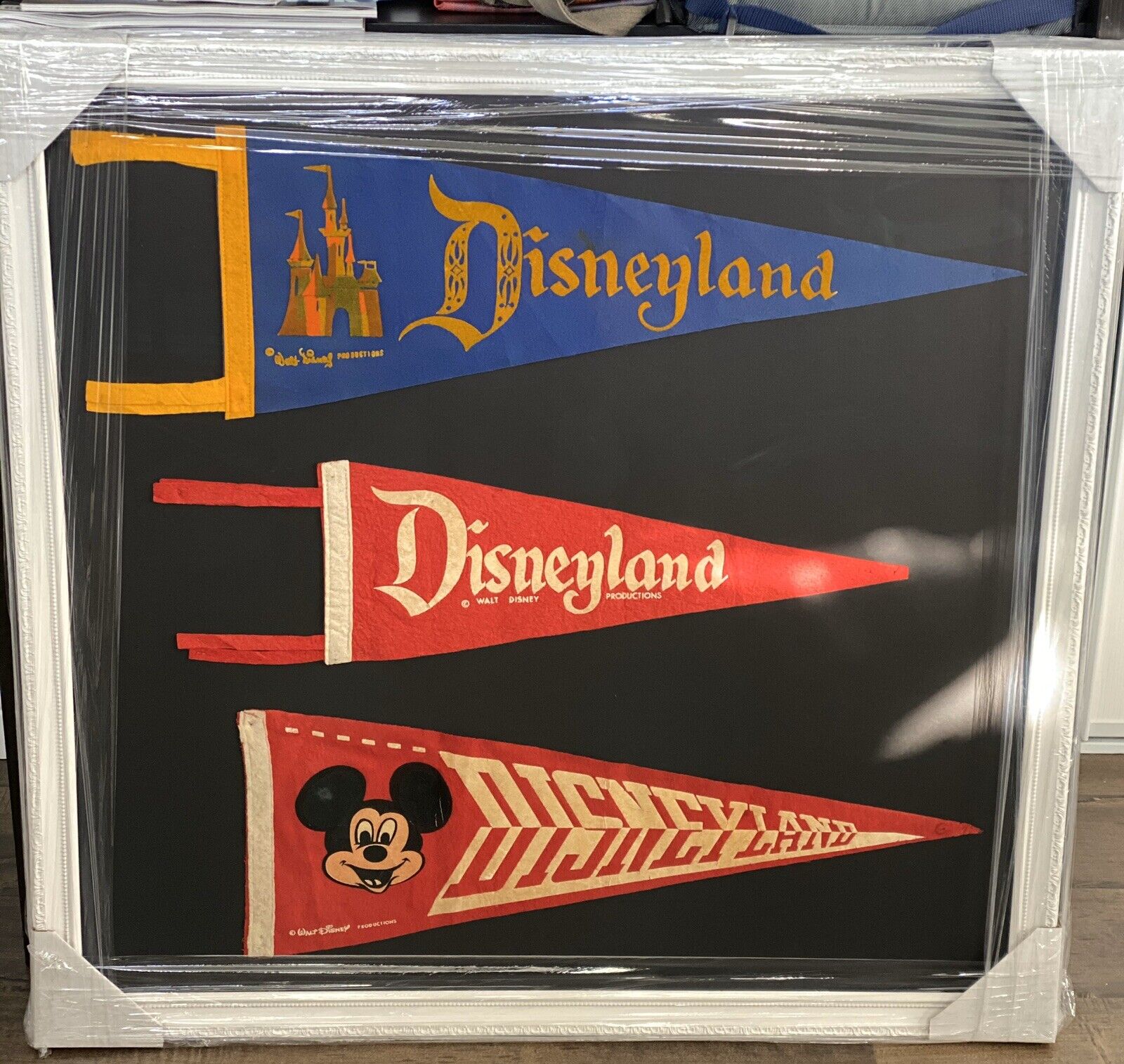 Framed Disneyland Pennants 1950s-60s Mickey Mouse Sleeping Beauty Unique Rare