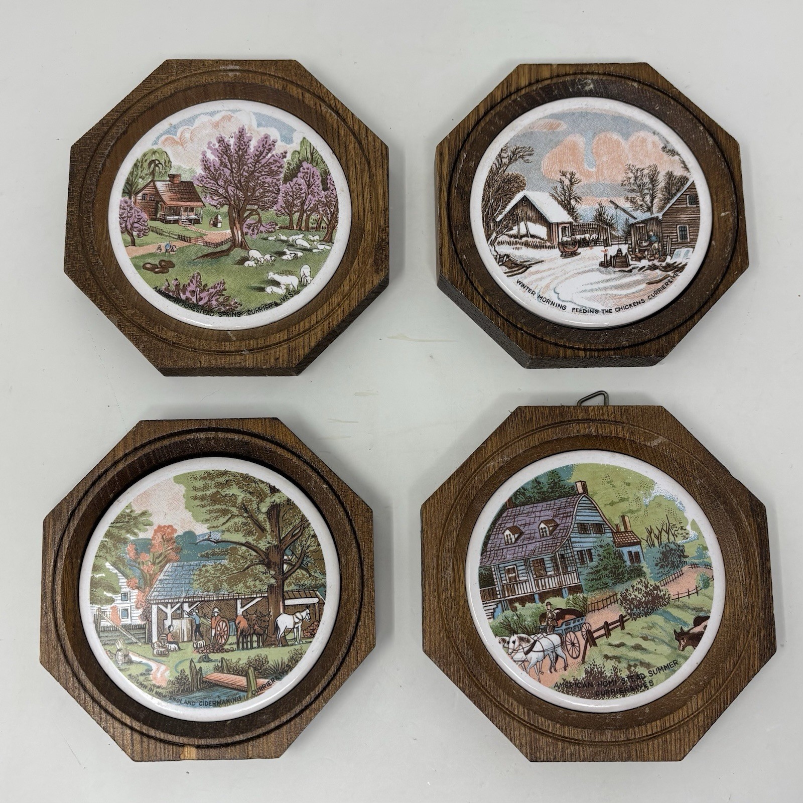 VTG Currier & Ives Wood & Ceramic MCM Wall Hanging Plaques American Four Seasons VTG Currier & Ives Wood & Ceramic MCM Wall Hanging Plaques American Four Seasons