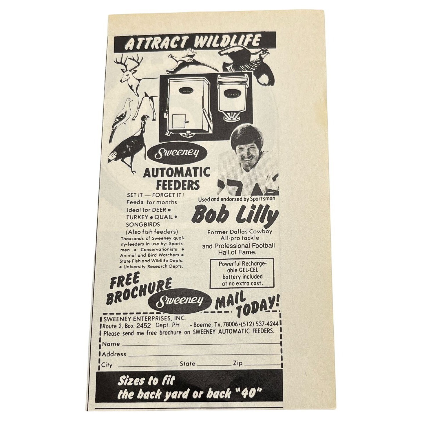 Sweeney Bird Feeders Mini Vintage Print Ad 1980s Bob Lilly Dallas Cowboy