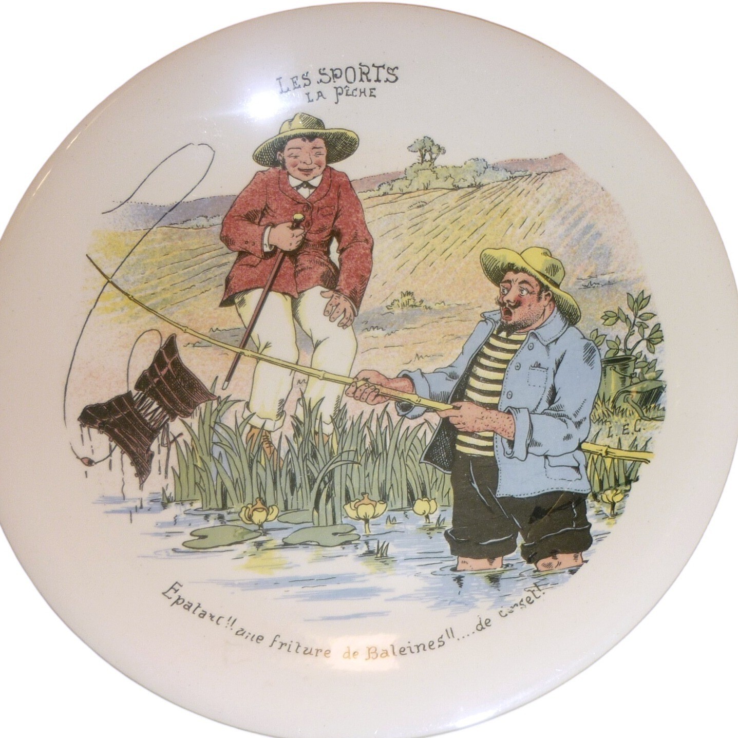 Antique Boch Freres Keramis Les Sports La Peche Satirical Fishing Plate Belgium