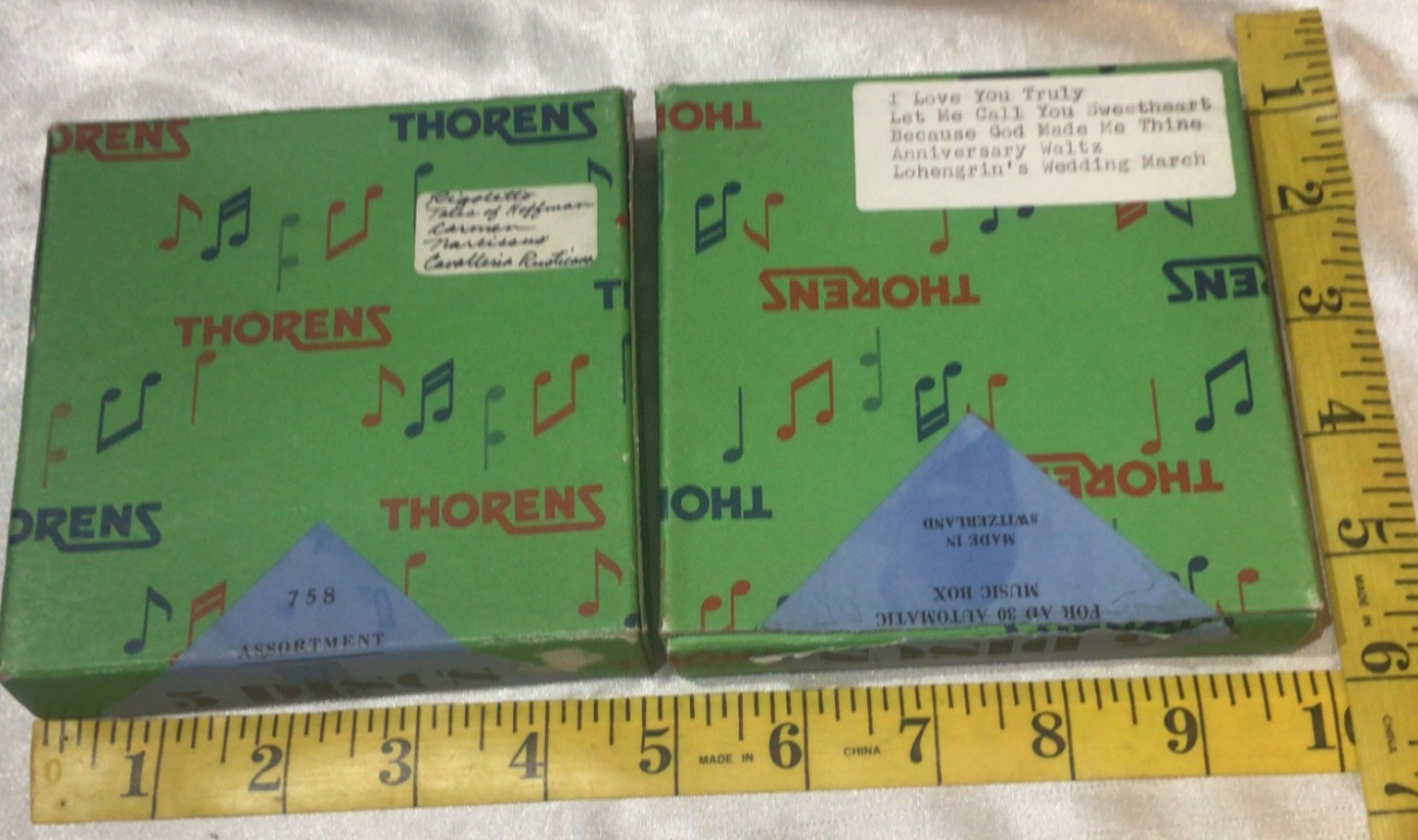 Vintage TWO BOXES THORENS Music Box Discs 10pc #CL-1 Carmen, #RO-1 Wedding March