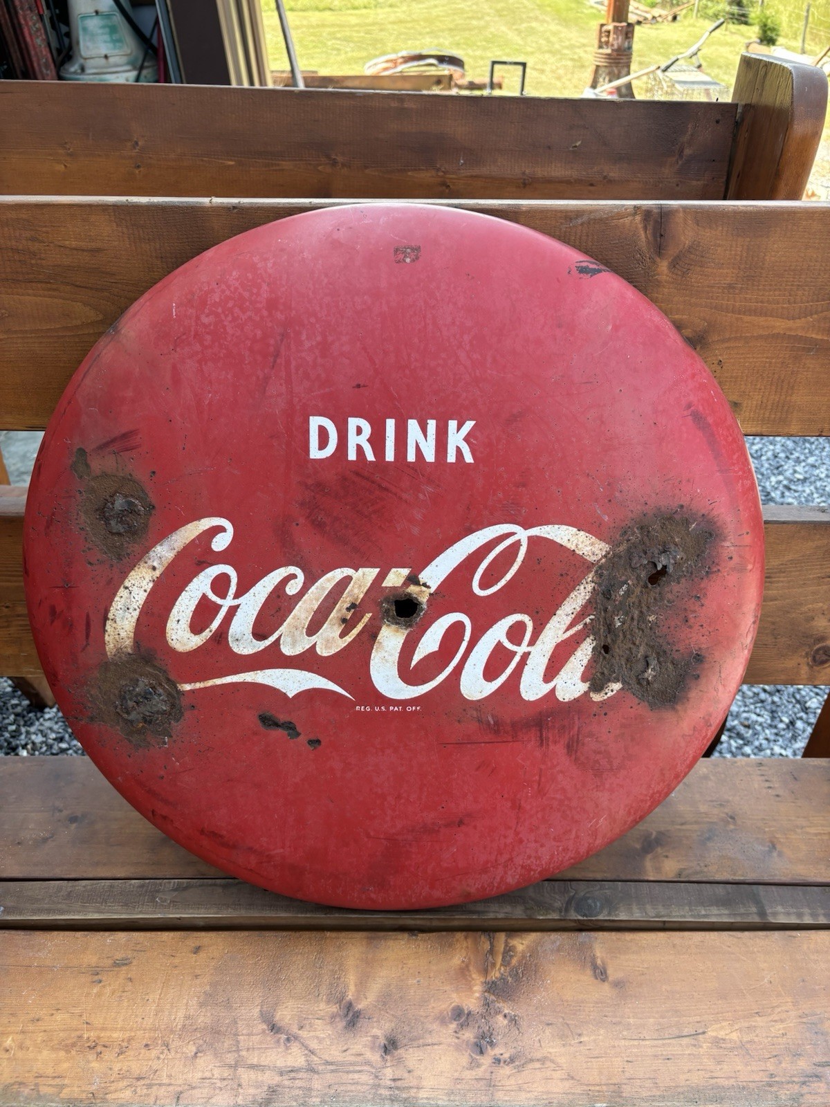 Coca-Cola Drink Coca-Cola Round Metal Advertising Sign, Red & White Soda