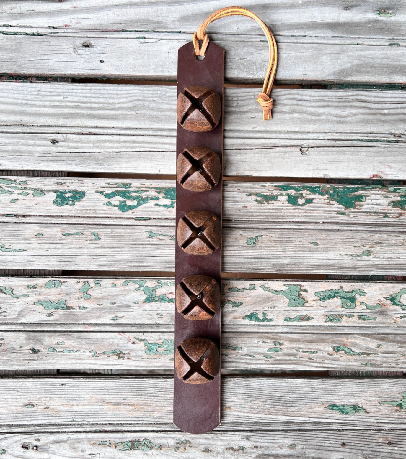 Leather Door Hanger Bell Strap 5 Antique Rustic Sleigh Bells Farmhouse Decor