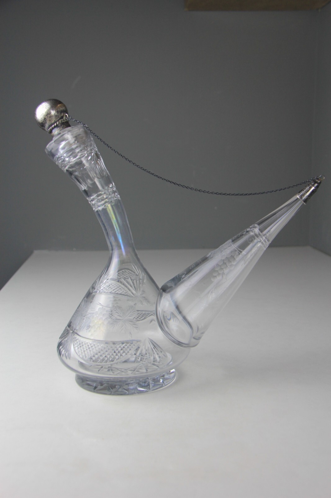 Antique Spanish Etched Glass Porron Wine Decanter with Sterling Silver Stopper