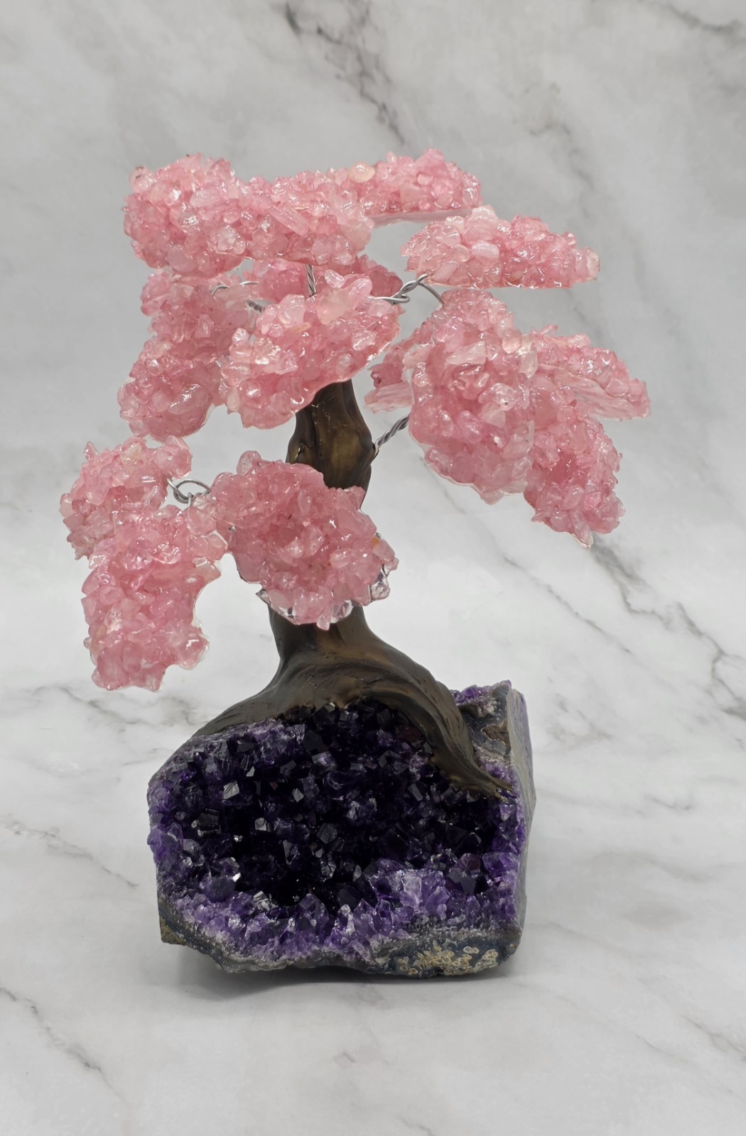 XL Amethyst Cluster Tree with Rose Quartz Leaves • Crystal Bonsai Tree • Love