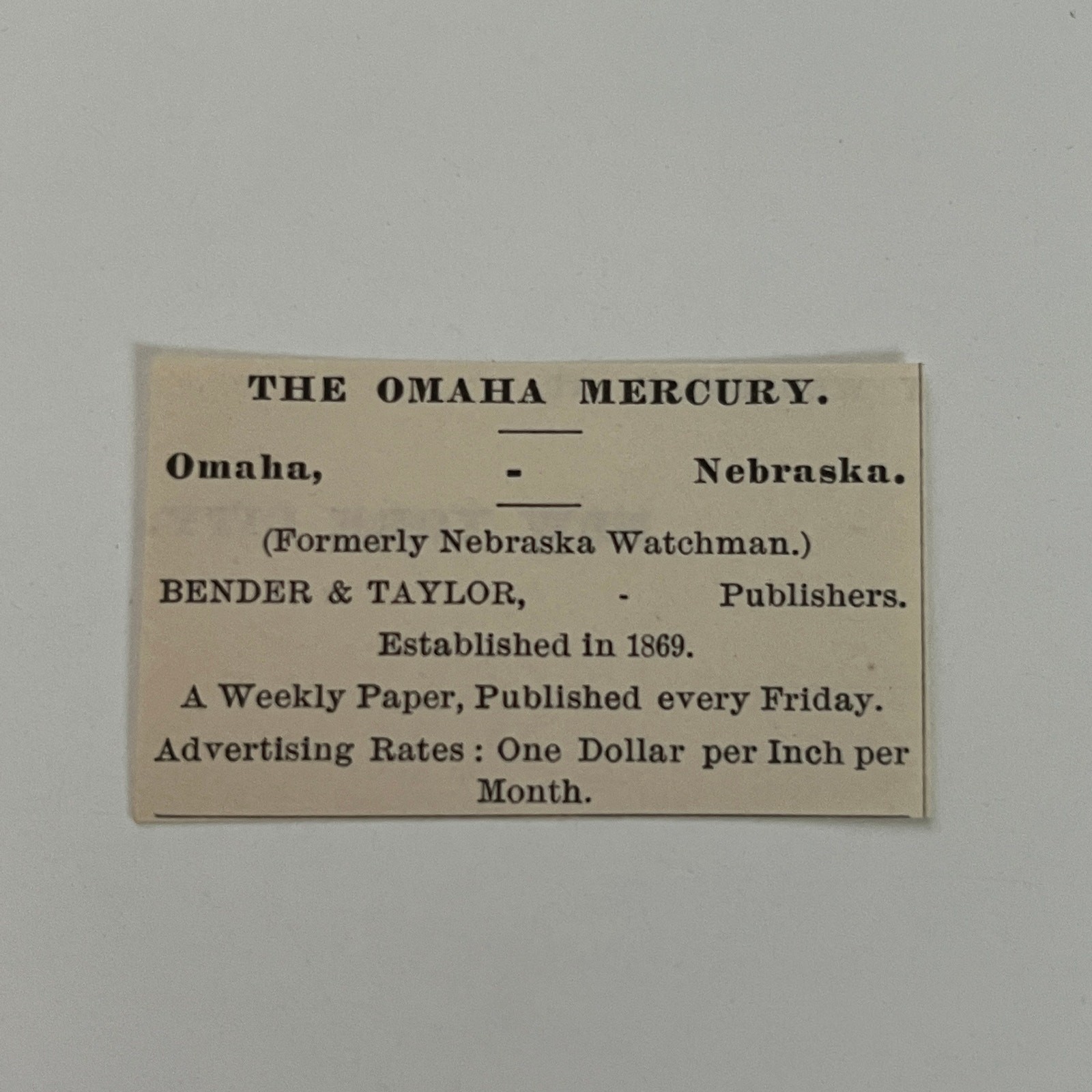 The Omaha Mercury Est 1869 Bender & Taylor Omaha NE 1890 Newspaper Ad SAI9-S36 The Omaha Mercury Est 1869 Bender & Taylor Omaha NE 1890 Newspaper Ad SAI9-S36