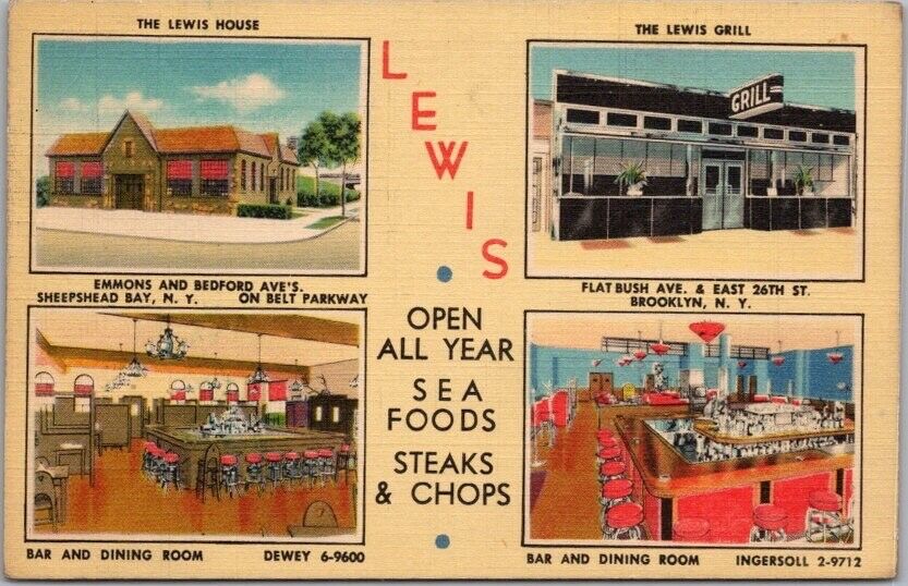Vintage 1950s BROOKLYN, New York Postcard LEWIS HOUSE / LEWIS GRILL Linen Unused