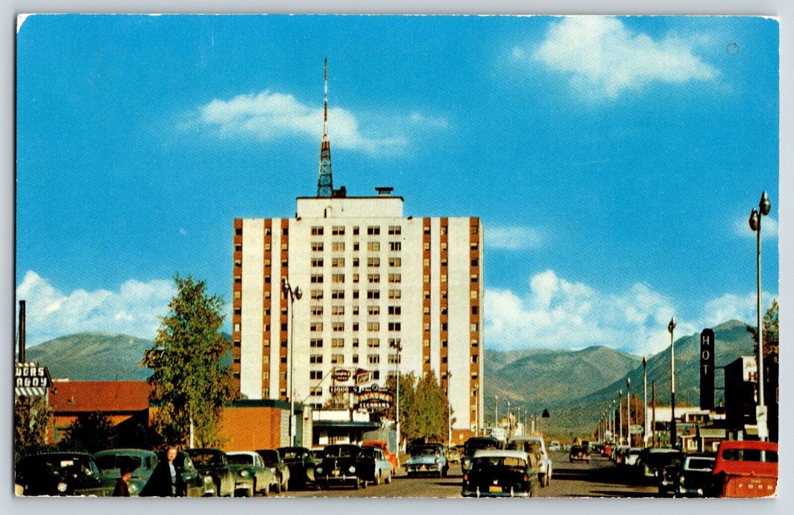 Postcard Anchorage Alaska Mt McKinley Apartments, Drug Store, 1950s Old Cars