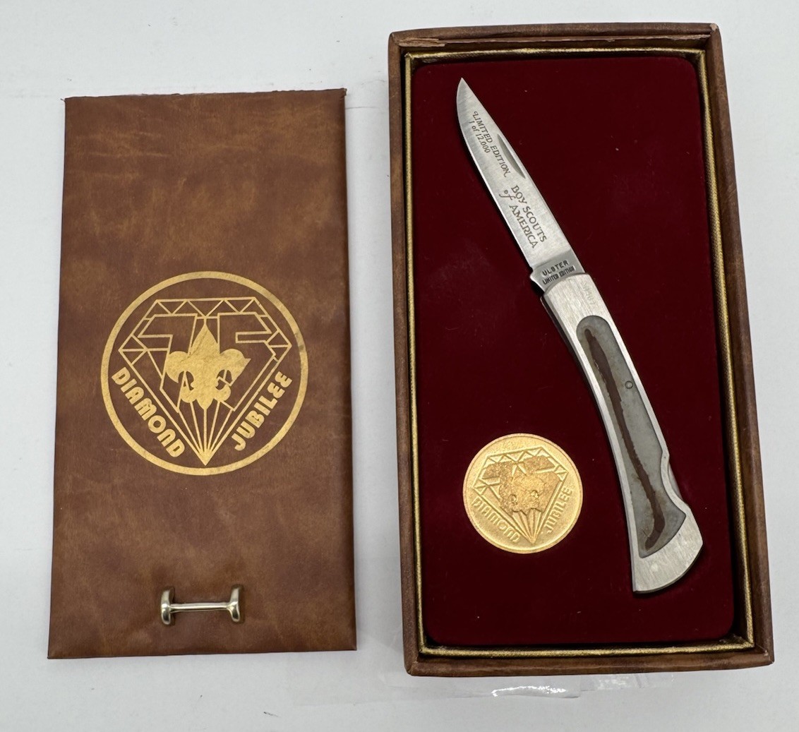 1985 Boy Scouts America Diamond Jubilee Ulster Lockback Knife Coin Box #1/12000
