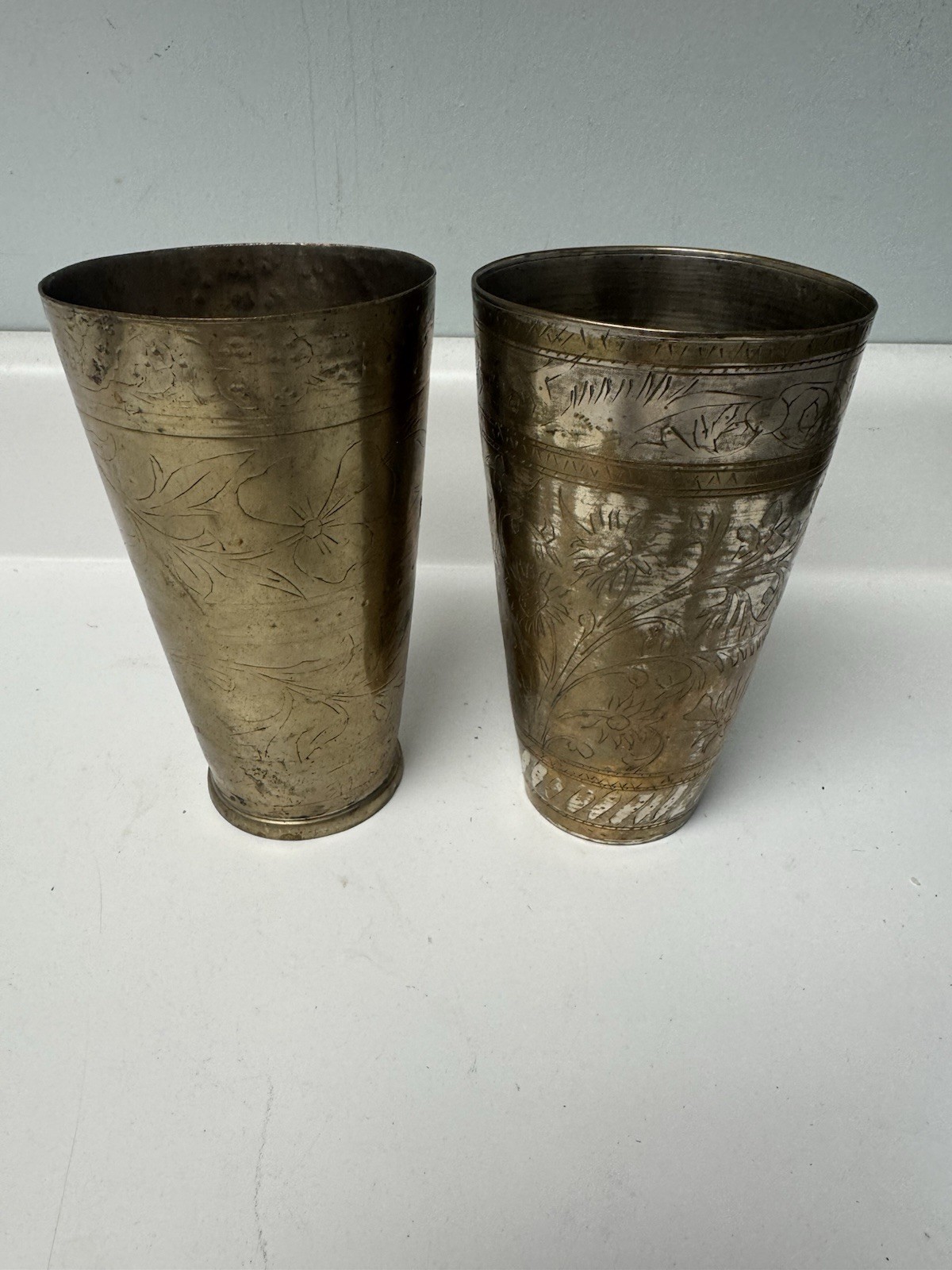 Vintage Hand Etched Brass, Two Toned Lassi Tumblers, Set Of 2, India