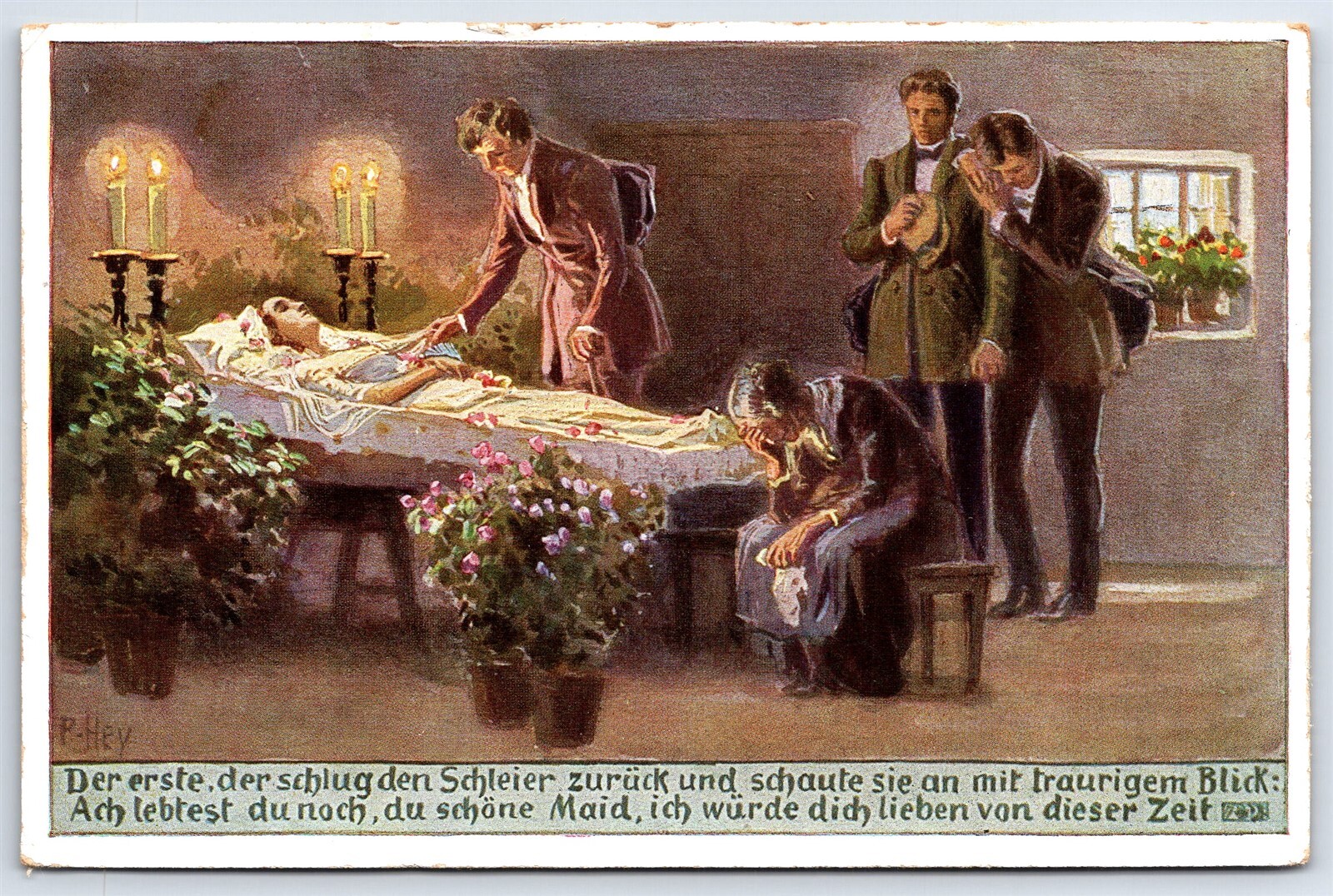 Postcard Port Mortem Deceased Woman Wake Funeral a/s Paul Hey Veil c1910s AP10