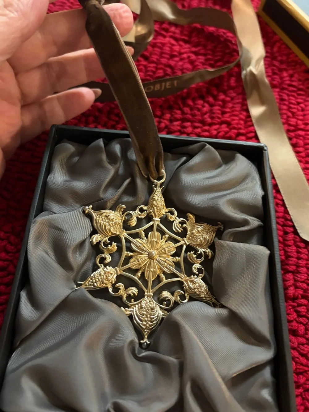 L’Objet Gold Christmas Ornament Filigree Snowflake Birds Box & Original Ribbon L’Objet Gold Christmas Ornament Filigree Snowflake Birds Box & Original Ribbon