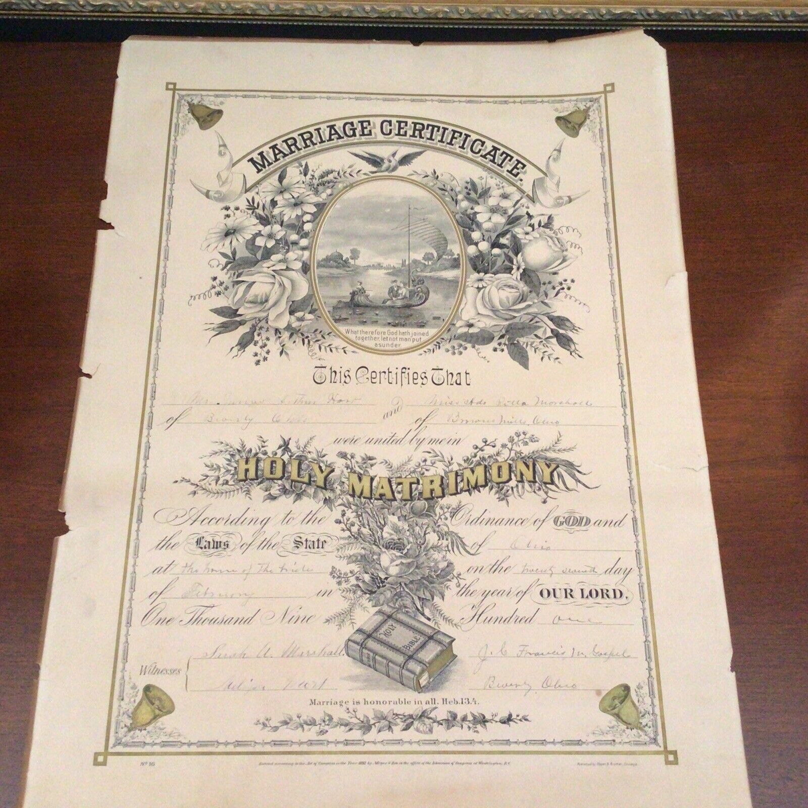 ATQ. Marriage Certificate ,Nov. 27, 1901, Beverly Ohio,at “home of the bride”.
