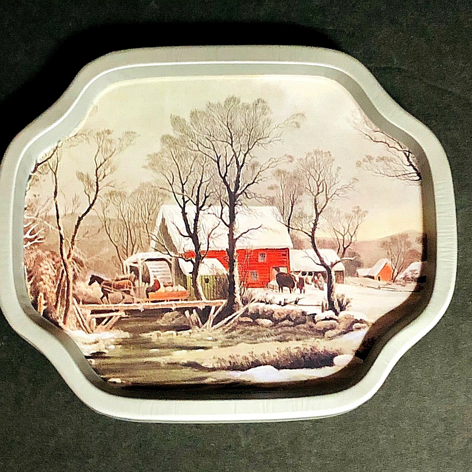 Giftco Currier & Ives Metal Snack trays, set of 6, Winter Farm Scene, Red Barn Giftco Currier & Ives Metal Snack trays, set of 6, Winter Farm Scene, Red Barn