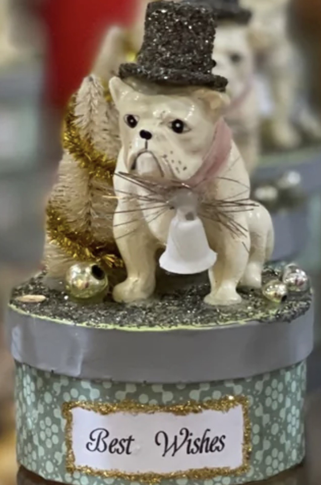 Glass Bulldog New Paper Mache Trinket Gift Box Figurine Best Wishes Houmas House
