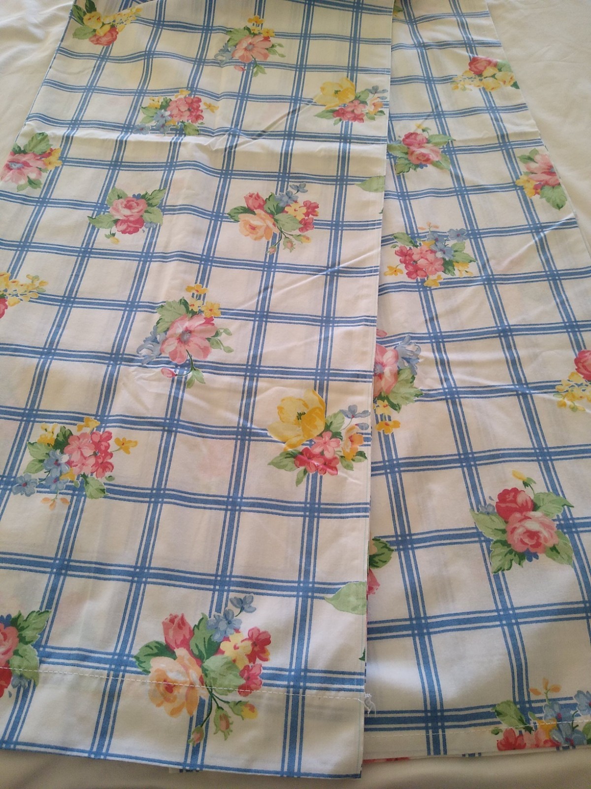 vintage flat sheet only Springs cotton blend TWIN SIZE floral blue plaid 80s