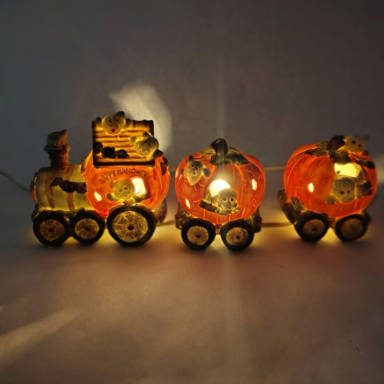 Haunted Haven Lighted Hand Painted Porcelain Halloween Ghost Pumpkin Train Box