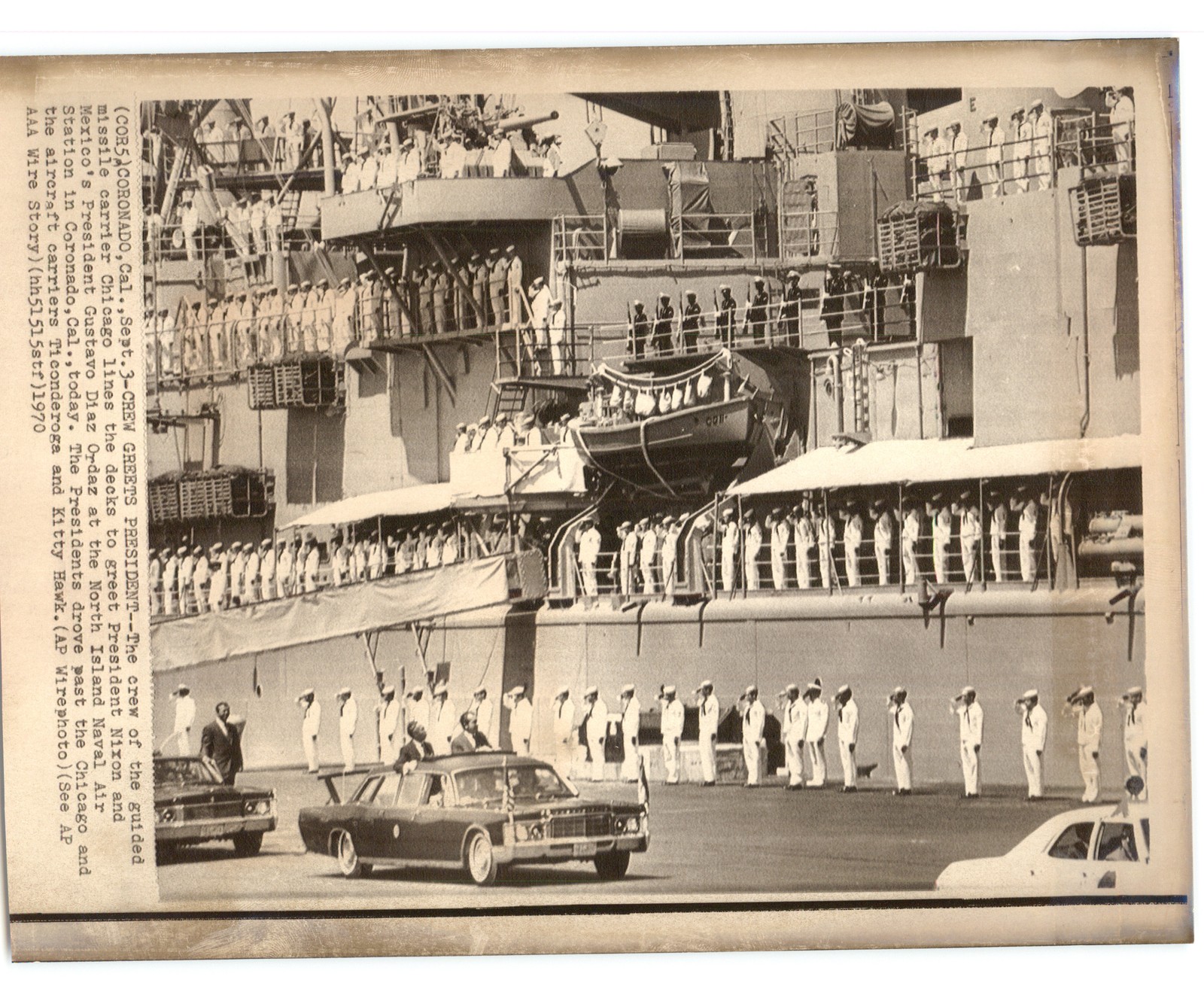 USS Chicago Carrier Greets Nixon & Mexican President Diaz Ordaz 1970 Press Photo