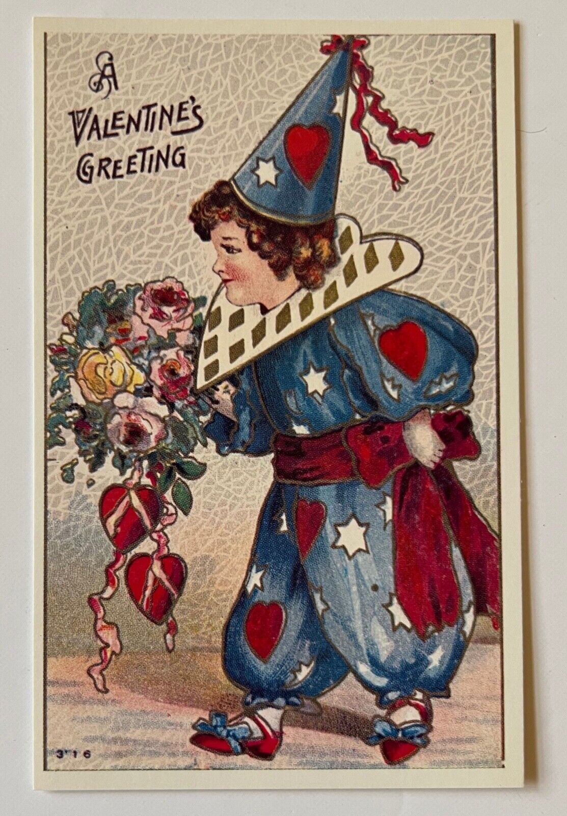 Vintage A Valentiine's Greeting Postcard Boy Harlequin Clown Bouquet Flowers