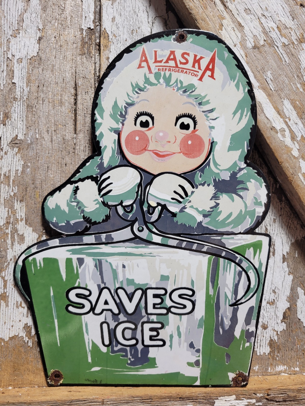 VINTAGE ALASKA PORCELAIN SIGN RARE OLD ICE REFRIGERATOR ESKIMO FREEZER CANADA