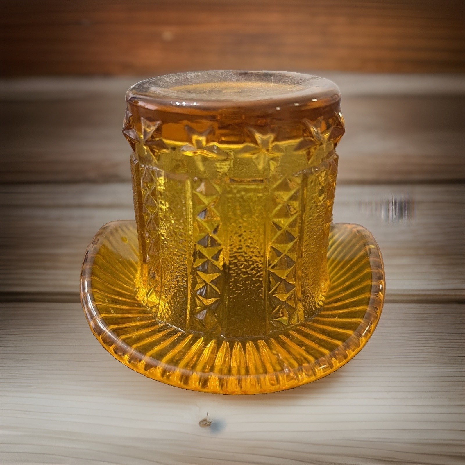 Antique UV Reactive EAPG Amber Top Hat Stars &Stripes Toothpick Holder Unmarked