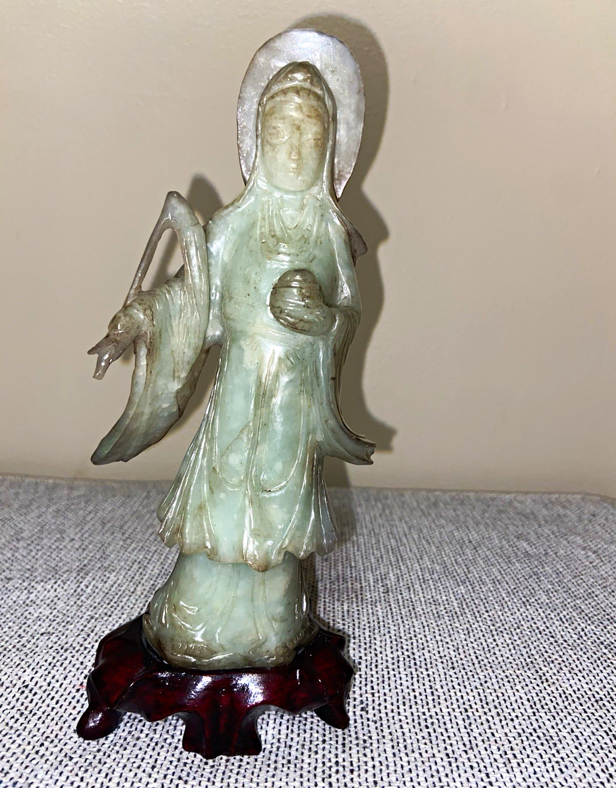 Antique Elegant Pale Celadon Jade Standing Guanyin