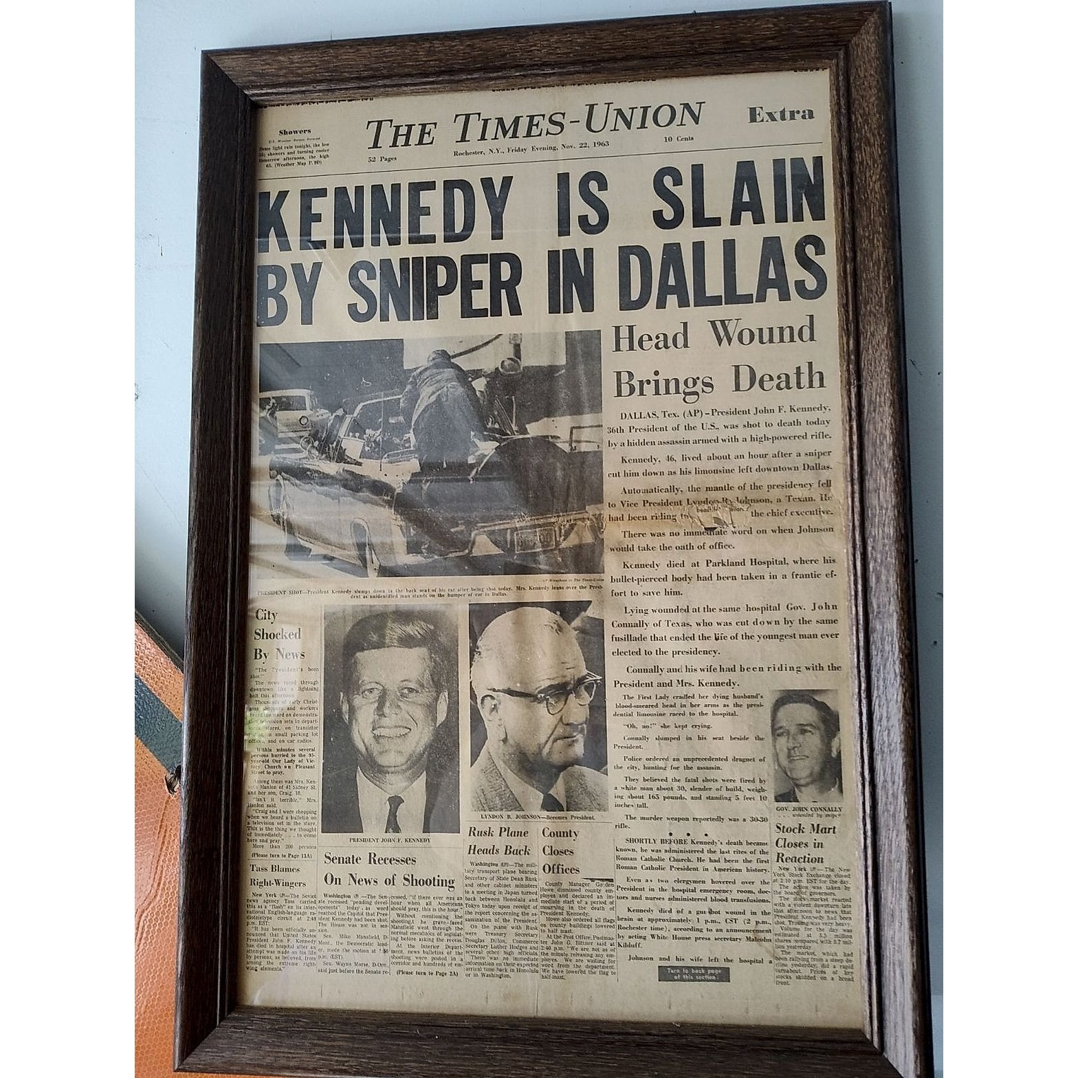 Times-Union Newspaper JFK Kennedy Slain By Sniper Dallas Nov 22 1963 Framed Times-Union Newspaper JFK Kennedy Slain By Sniper Dallas Nov 22 1963 Framed