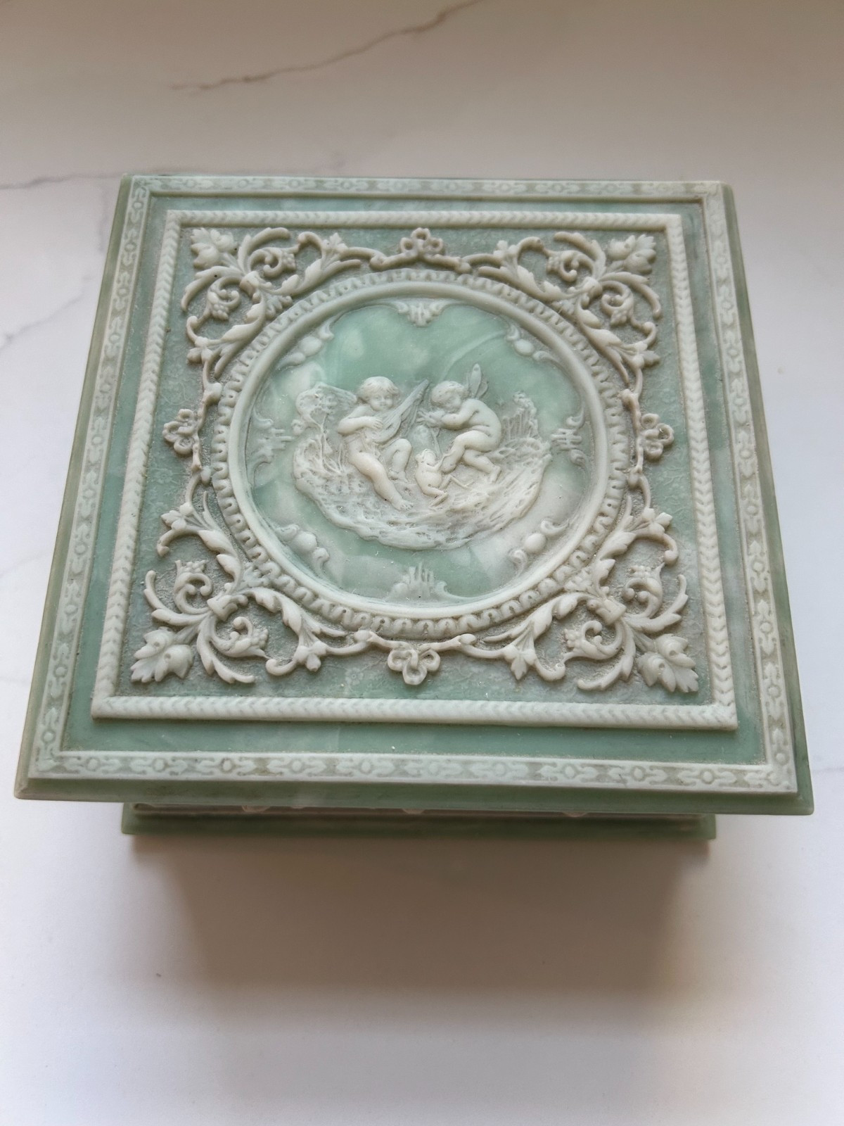 Vintage Incolay Stone Cherub Music Jewelry Box Green Ivory 1978 Works 5.5