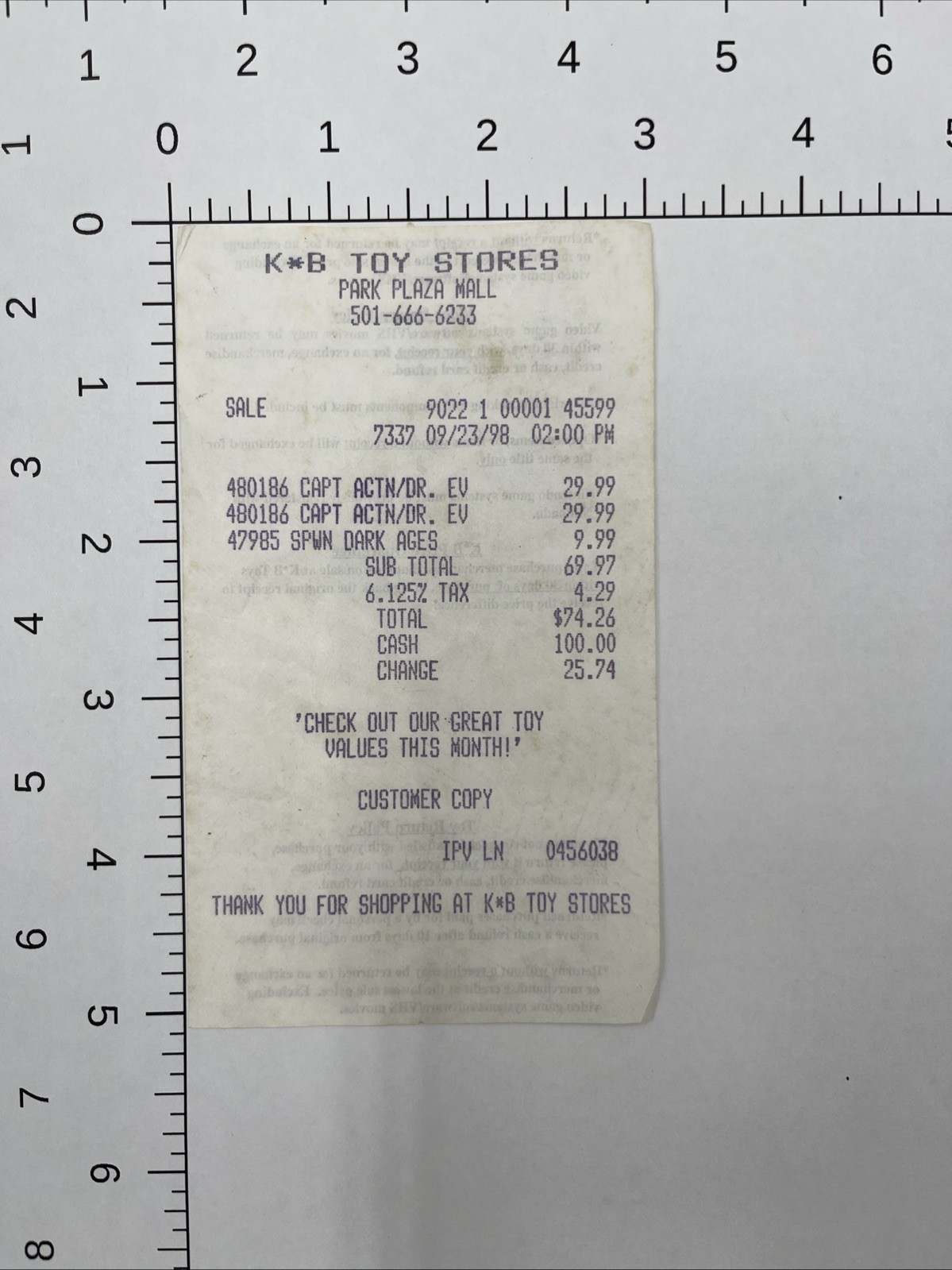 Vintage 1998 KB Toy Store Receipt Park Plaza Mall Little Rock Arkansas Spawn K B