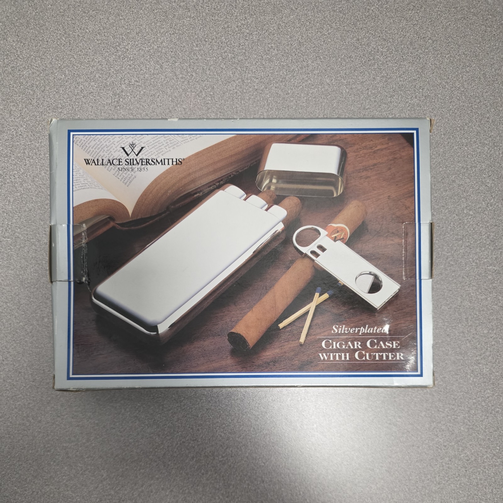 New Wallace Silversmiths 8 Inch Silver Plated Cigar Case with Cutter Vintage