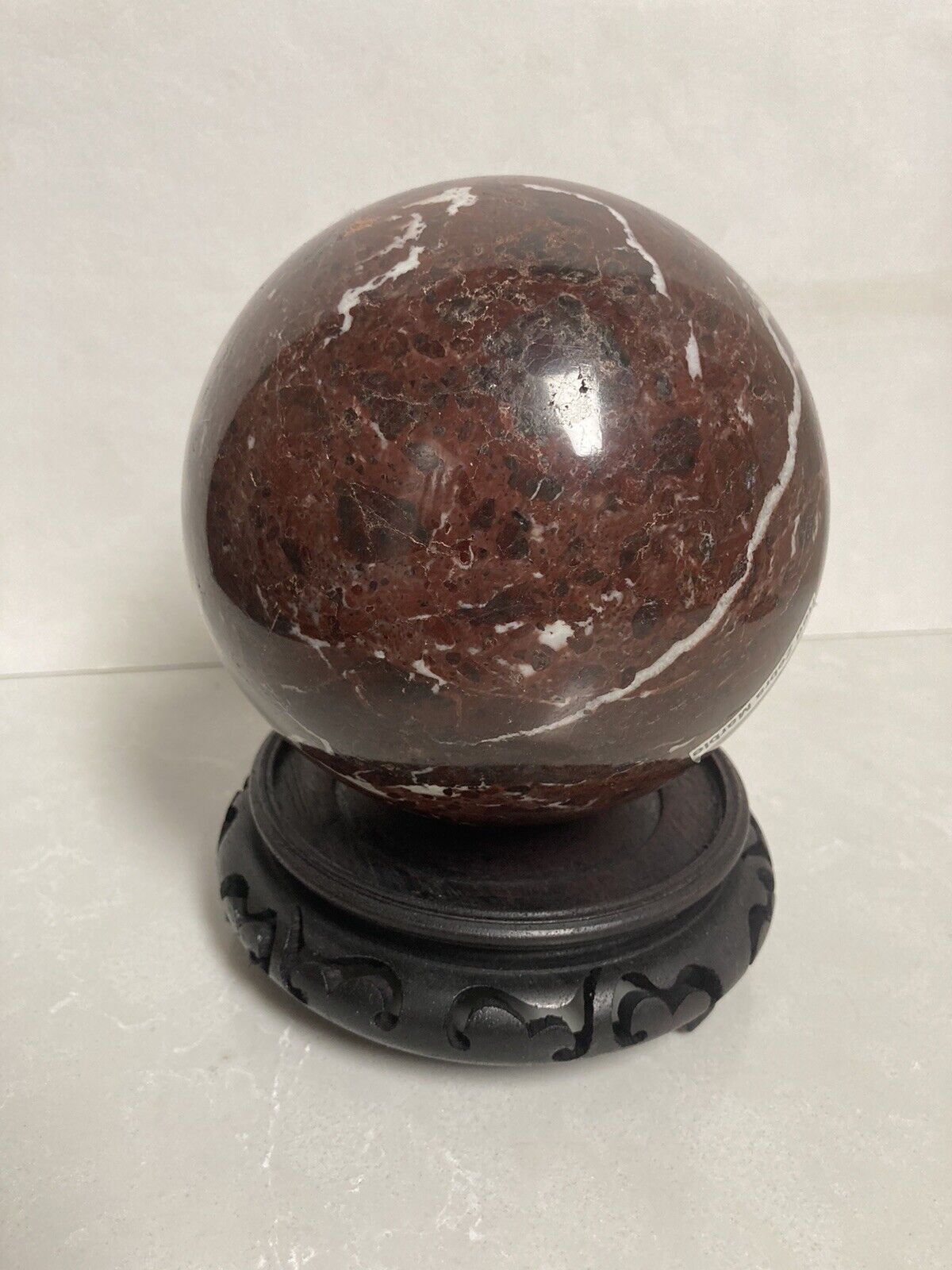 Vintage Large Red Zebra Marble Sphere w/Stand Approx 5.5 Diameter & 6 Lb 6 oz