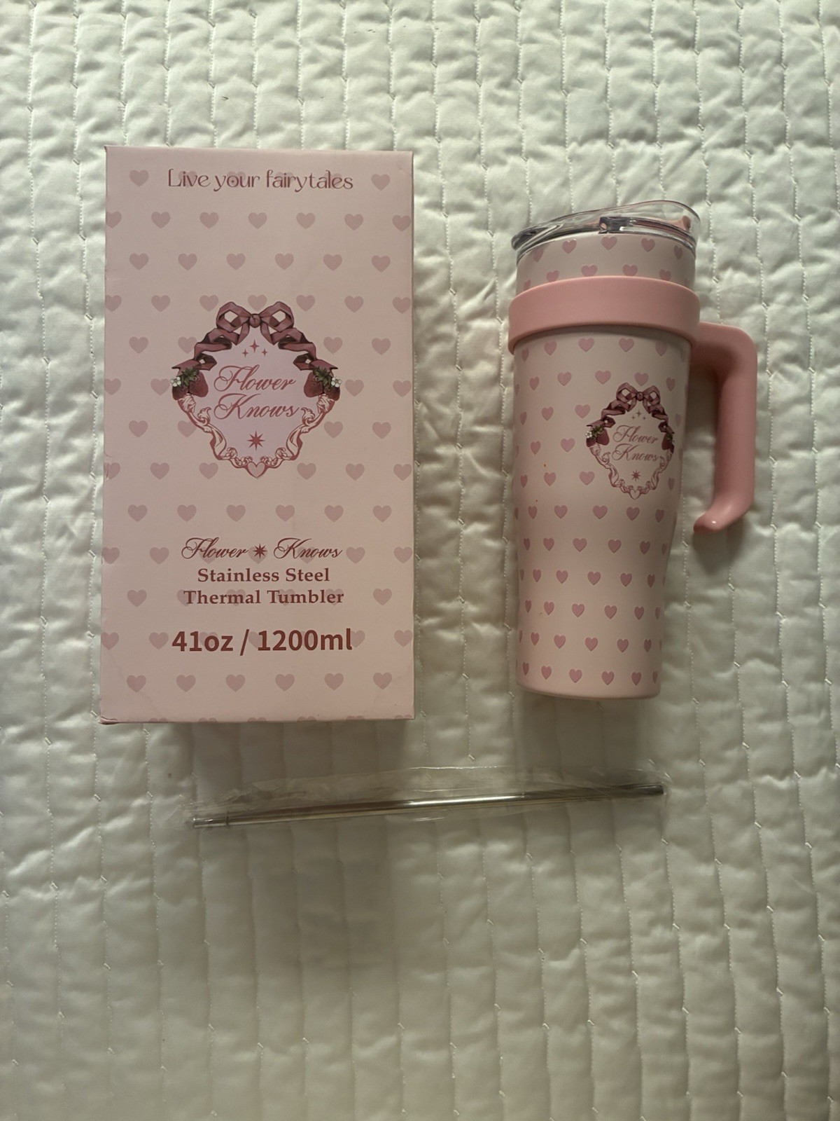 Flower Knows 41oz Stainless Steel Thermal Tumbler Pink Hearts NIB