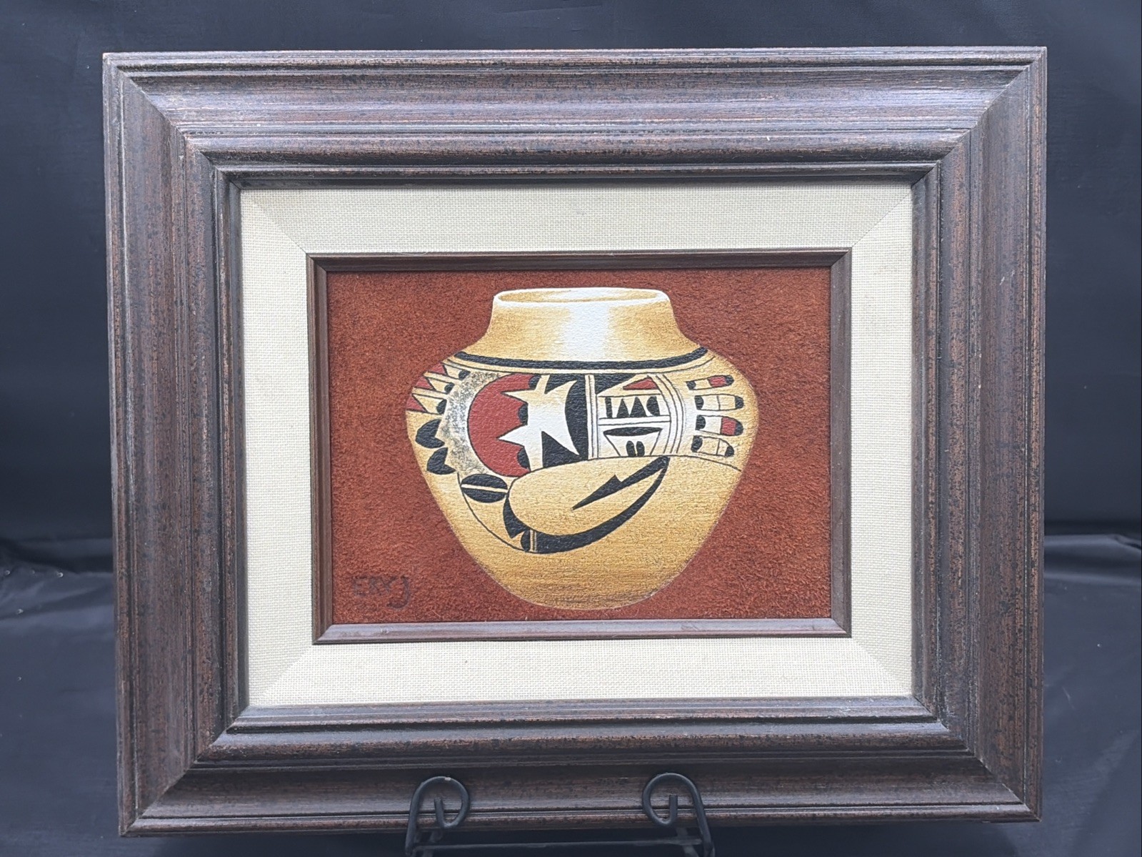 Vintage Southwestern Sand Art Framed Pottery Design Erv Johnson Hopi Style 12x10