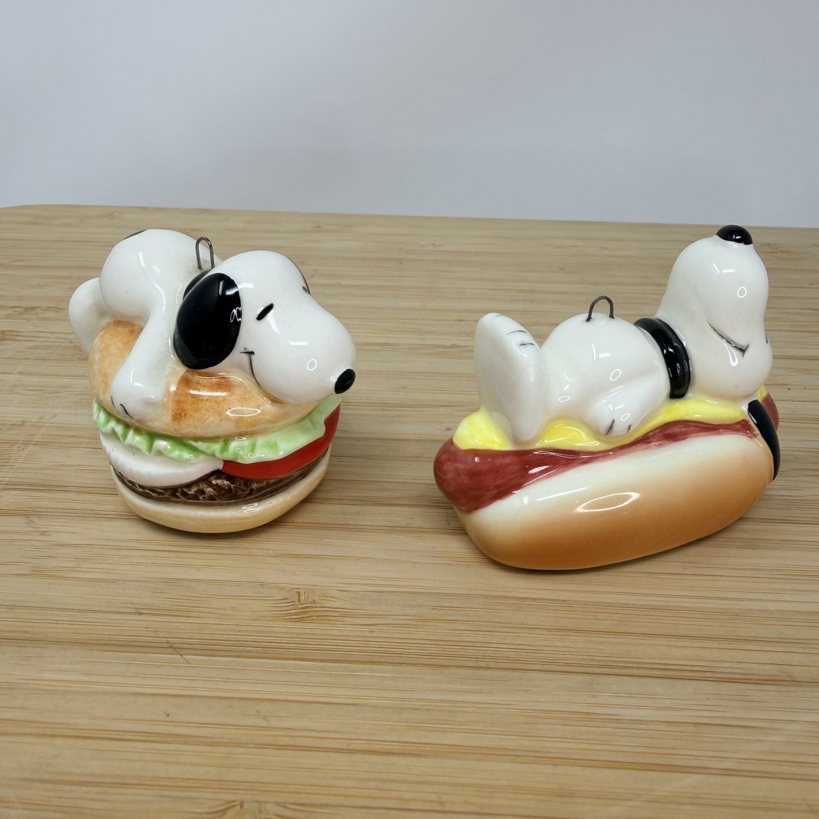 Vintage Ceramic Snoopy Hamburger & Hot Dog Food Christmas Ornament Japan 1966