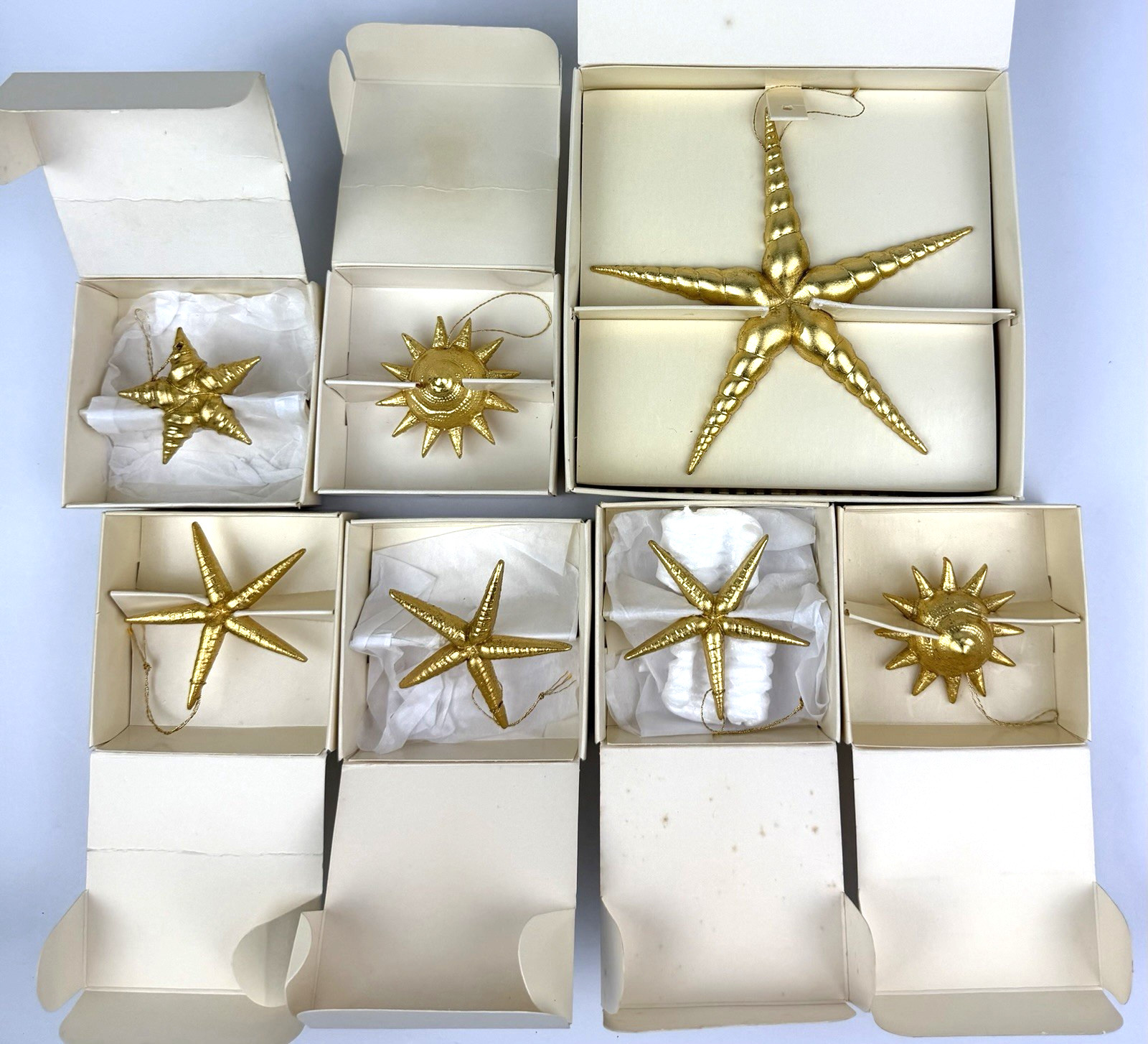 7 Vtg. Margaret Furlong Evening Star Shell Gold Ornaments Original Boxs