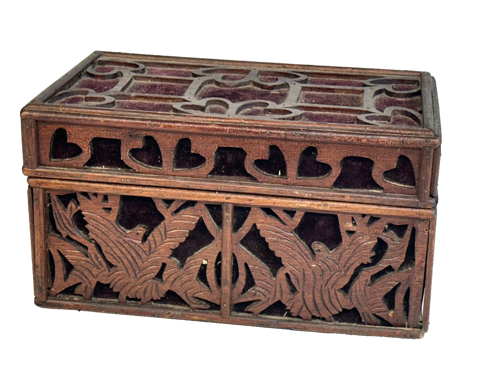 folk art tramp victorian velvet eagles hearts document antique box carved