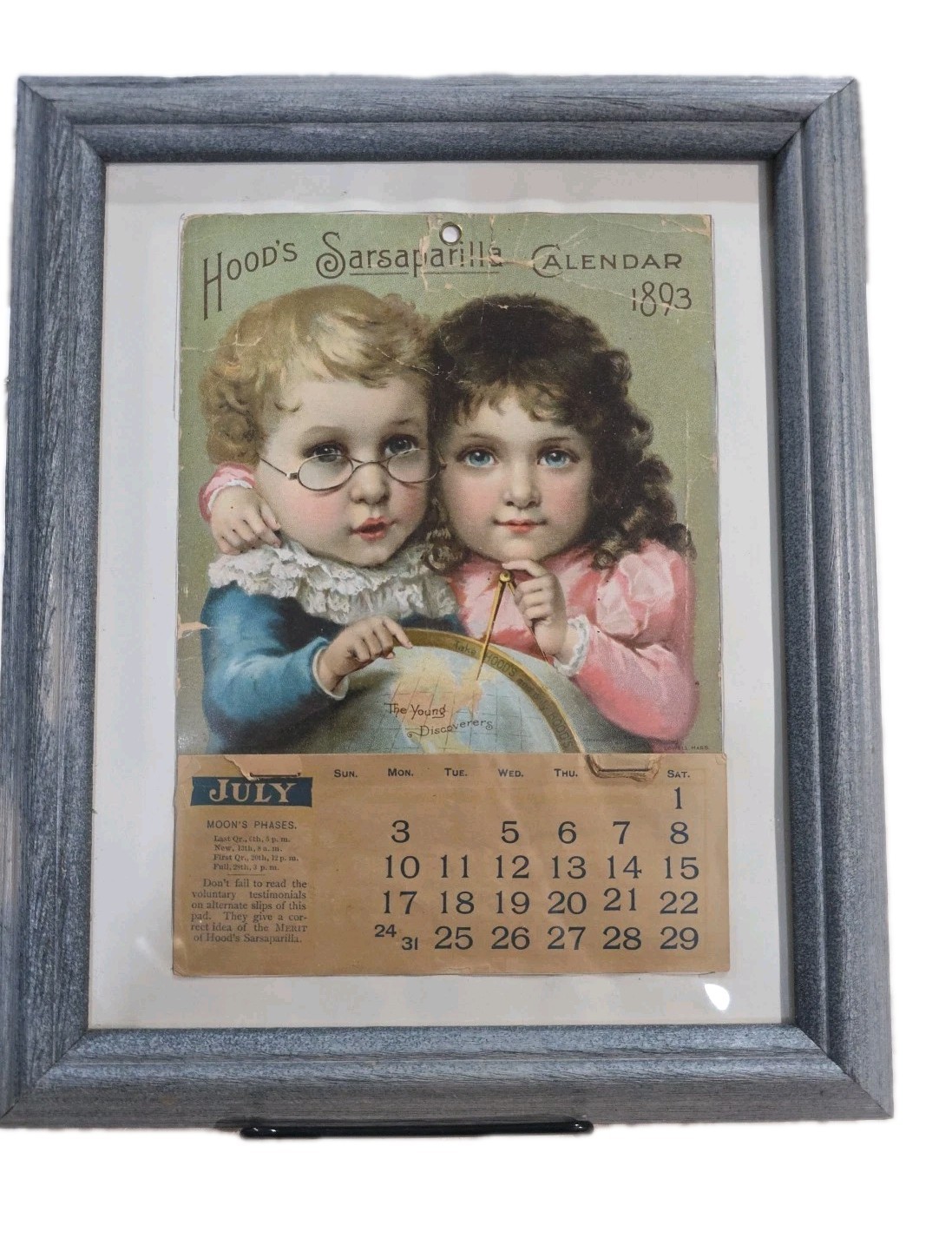 1892 Victorian Trade Card Hood's Sarsaparilla Calendar 1893  Astronomical Framed