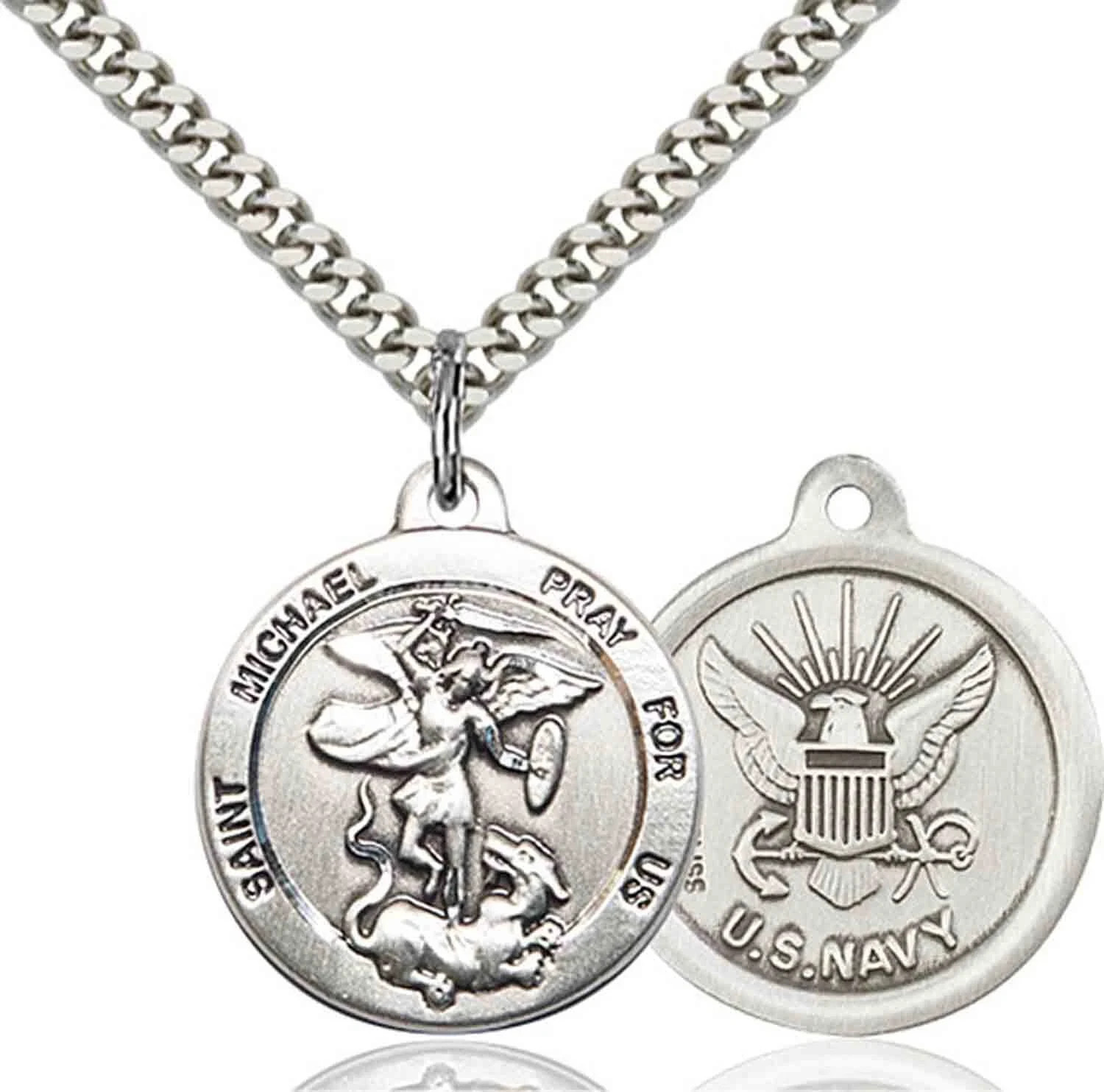 Pewter Saint Michael Navy Military Medal Pendant Necklace 18\