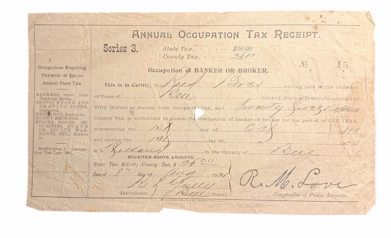 1899 Bell County Texas Annual Occupation Tax Receipt 1899 Bell County Texas Annual Occupation Tax Receipt