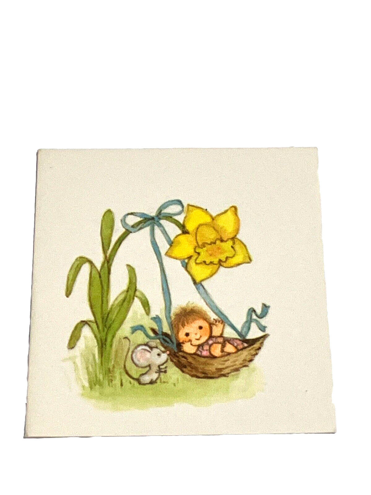 RARE VTG Hallmark CUTE Mouse Baby Acorn Swing Flower MINI Greeting Card 15GE7463