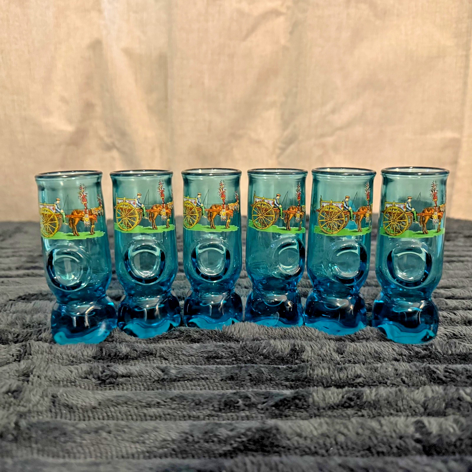 Vintage Italian Blue Shot Glass Set of 6 Horse Cart Design Made in Italy