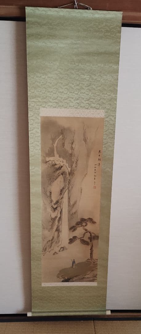 Traditional Japanese Hanging Scroll, Ink Landscape with Waterfall, Pine, and Fig