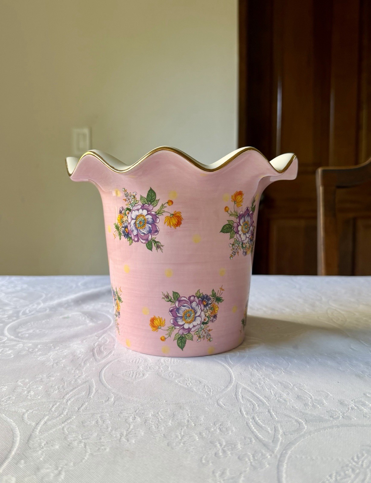 Mackenzie-Childs Pink Floral Scalloped Vase Mackenzie-Childs Pink Floral Scalloped Vase