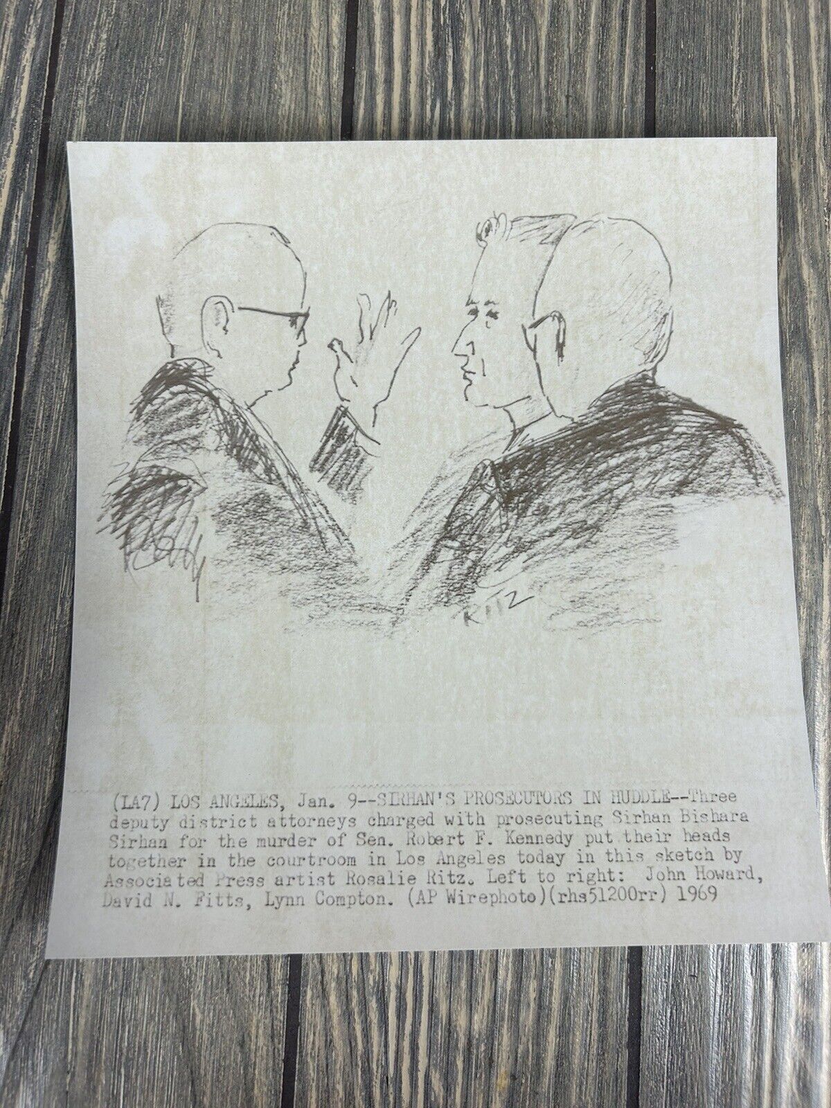 VTG 1969 Jan 9 SIRHANS Prosecutors In Huddle Press Release Photo Drawing 