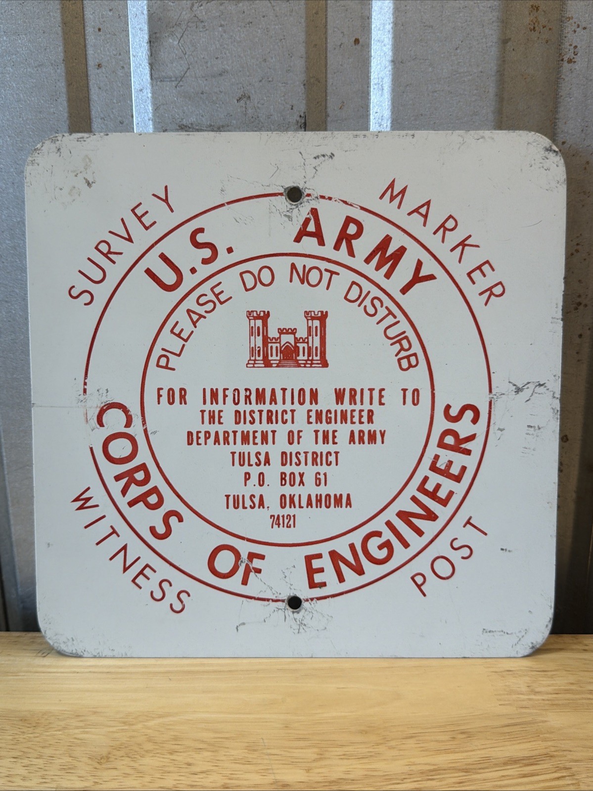 Vintage US Army Corps Of Engineers Metal Survey Marker Witness Sign Defunct