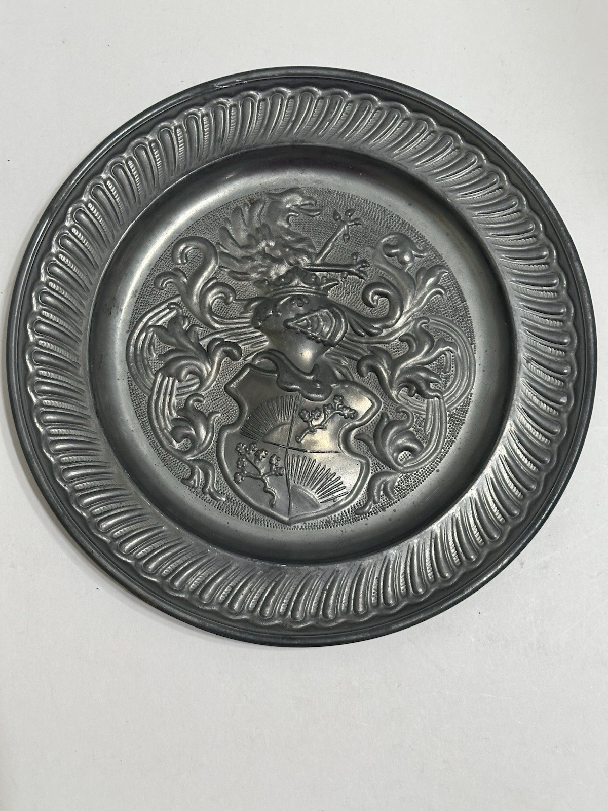 Vintage Pewter Wall Plaque 9” Plate - Stamped with Angel Blowing A Horn