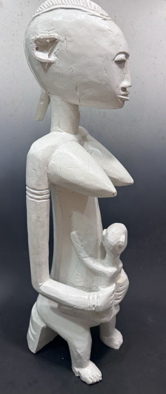 Antique African Tribal Primitive Maternity Large Painted Wood Sculpture 
