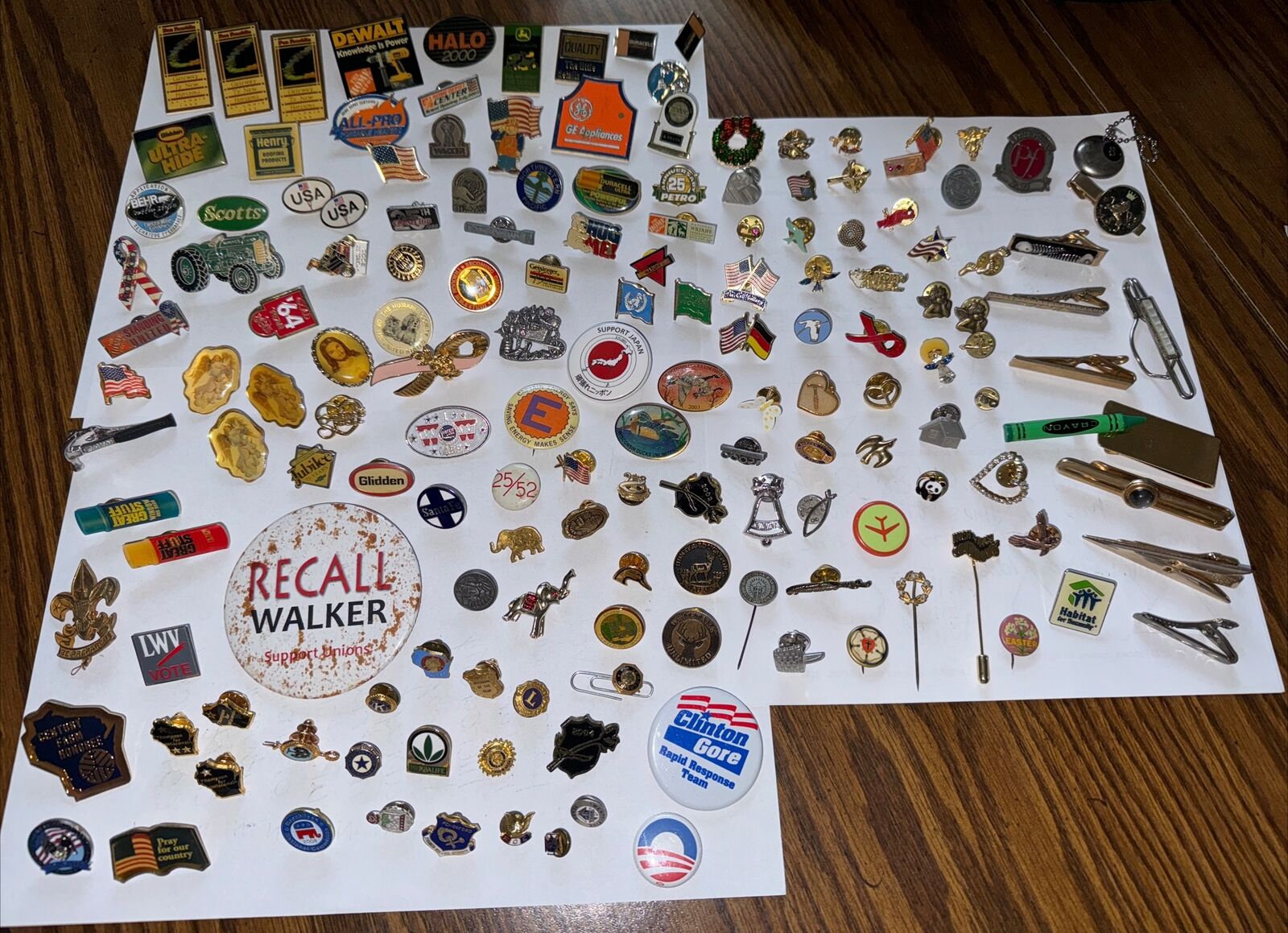 Over 150 Misc. Assorted Pins - Political, Advertising, Flags & Others- Tie Clips