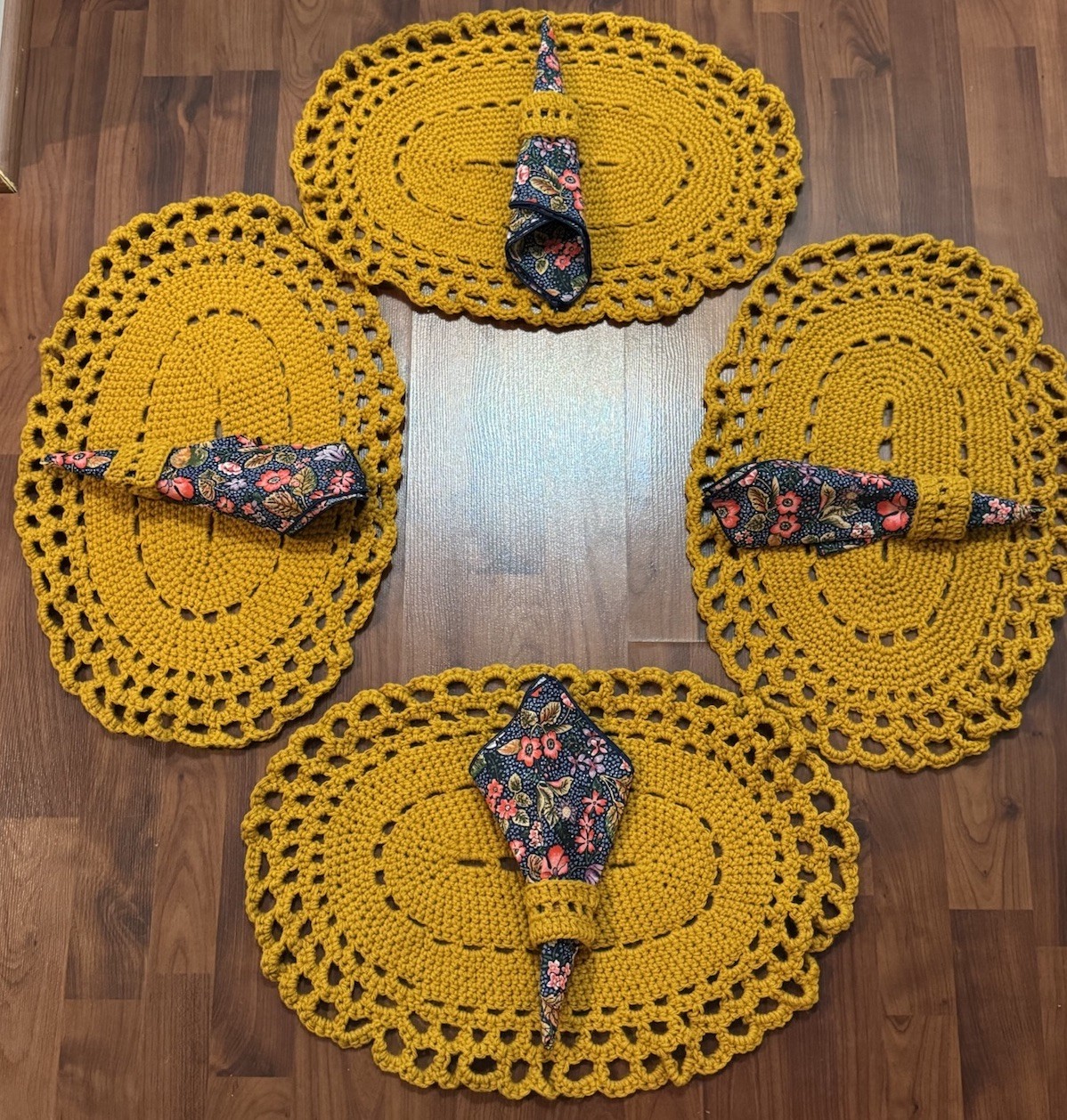 Handmade Mustard Yellow Crochet Placemats Oval Floral Napkins + Rings Set of 4
